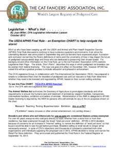Legislation – What’s Hot[removed]By Joan Miller, CFA Legislative Information Liaison October 2013 The USDA/APHIS Final Rule – an Exemption CHART to help navigate the storm!
