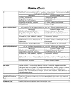 Glossary of Terms SPI The School Performance Index, or SPI, is based on a 100 point scale.  This measurement will be  made up of the key indicators below: High School