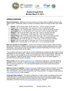 Weekly Drought Brief Monday March 31, 2014 CURRENT CONDITIONS Recent Precipitation: Significant rain and snow fell over the past week in California thanks to late season storms. Precipitation totals (in inches) from Mond