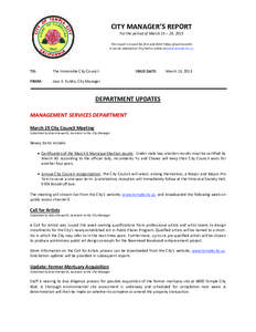 CITY MANAGER’S REPORT For the period of March 15 – 29, 2013 This report is issued the first and third Friday of each month. It can be obtained at City Hall or online at www.templecity.us.  TO: