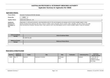 AUSTRALIAN PESTICIDES & VETERINARY MEDICINES AUTHORITY Application Summary for Application No[removed]Application Details: Product Name: