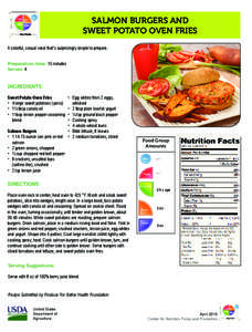 Salmon Burgers and Sweet Potato Oven Fries A colorful, casual meal that’s surprisingly simple to prepare. Preparation time: 15 minutes Serves: 4