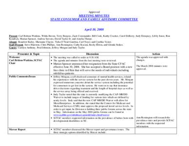 Approved  MEETING MINUTES STATE CONSUMER AND FAMILY ADVISORY COMMITTEE April 10, 2008 Present: Carl Britton-Watkins, Wilda Brown, Terry Burgess, Zack Commander, Bill Cook, Kathy Crocker, Carol DeBerry, Judy Dempsey, Libb