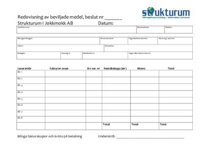 Redovisning av beviljade medel, beslut nr _______ Strukturum i Jokkmokk AB Datum: Ansökan avser  Beslutsdatum