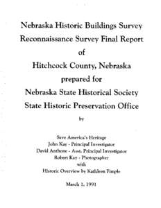 Nebraska Historic Buildings Survey   Reconnaissance Survey Final Report Hitchcock County, Nebraska