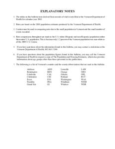 EXPLANATORY NOTES 1. The tables in this bulletin were derived from records of vital events filed at the Vermont Department of Health for calendar year[removed]Rates are based on the 2005 population estimates produced by