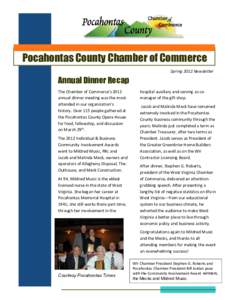 Pocahontas County Chamber of Commerce Spring 2012 Newsletter Annual Dinner Recap The Chamber of Commerce’s 2012 annual dinner meeting was the mostattended in our organization’s