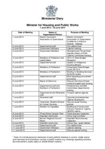Ministerial Diary Minister for Housing and Public Works 1 June 2013 – 30 June 2013 Date of Meeting 1 June 2013