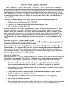 Bureau of Security and Investigative Services - Information about Licensing - Private Patrol Operator and Private Patrol Operator Qualified Manager