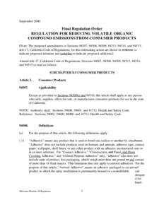 Rulemaking: Final Regulation Order For Reducing Volatile Organic Compound Emissions From Consumer Products