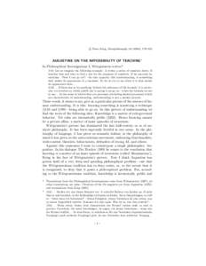 c Peter King, Metaphilosophy[removed]), 179–195 AUGUSTINE ON THE IMPOSSIBILITY OF TEACHING1 In Philosophical Investigations I, Wittgenstein writes:[removed]Let us imagine the following example: A writes a series of numb