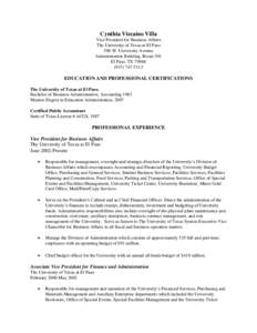 Cynthia Vizcaíno Villa Vice President for Business Affairs The University of Texas at El Paso 500 W. University Avenue Administration Building, Room 301 El Paso, TX 79968
