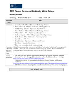 NYS Forum Business Continuity Work Group Meeting Minutes Thursday Discussion Topic Attendance