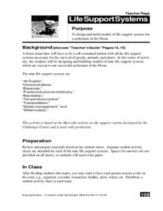 Teacher Page  Life Support Systems Purpose To design and build models of life support systems for a settlement on the Moon.