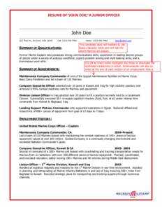 RESUME OF “JOHN DOE,” A JUNIOR OFFICER  John Doe 222 Third St., Anytown, USA[removed]Cell: ([removed]