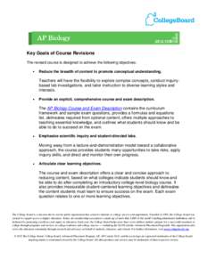 Key Goals of Course Revisions The revised course is designed to achieve the following objectives: Reduce the breadth of content to promote conceptual understanding. Teachers will have the flexibility to explore complex c