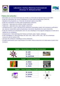 Laboratoire: Interface Matériaux Environnement Directeur: Pr. Mohammed AZZI Thèmes de recherche : - Elimination par voie électrochimique des nitrates sur électrode de diamant dopé au bore BDD; - Etude de la spéciat