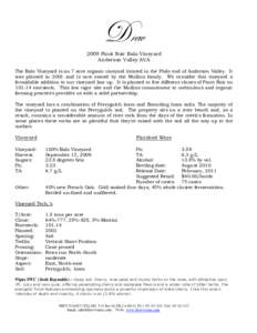 Drew 2009 Pinot Noir Balo Vineyard Anderson Valley AVA The Balo Vineyard is an 7 acre organic vineyard located in the Philo end of Anderson Valley. It was planted in 2001 and is now owned by the Mullins family. We consid