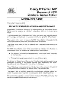 Barry O’Farrell MP Premier of NSW Minister for Western Sydney MEDIA RELEASE Wednesday 5 September 2012