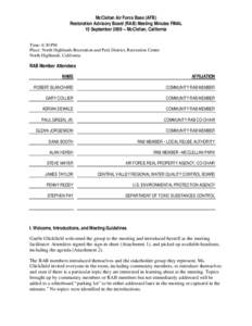 McClellan Air Force Base (AFB) Restoration Advisory Board (RAB) Meeting Minutes FINAL 15 September[removed]McClellan, California Time: 6:30 PM Place: North Highlands Recreation and Park District, Recreation Center North 