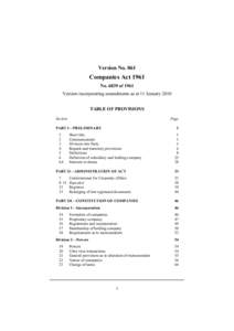 Version NoCompanies Act 1961 Noof 1961 Version incorporating amendments as at 11 January 2010 TABLE OF PROVISIONS