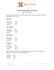 Nevada Statewide Poll Results July 26-29, 2014 Now, I am going to read you a list of names. Please indicate whether you have a favorable or unfavorable opinion of each. Harry Reid Favorable