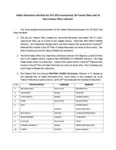 Indian Panorama selection for IFFI-2013 announced; 26 Feature films and 16 Non-Feature films selected.