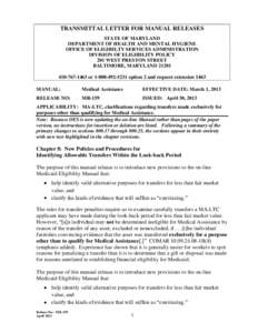 TRANSMITTAL LETTER FOR MANUAL RELEASES STATE OF MARYLAND DEPARTMENT OF HEALTH AND MENTAL HYGIENE OFFICE OF ELIGIBILTY SERVICES ADMINISTRATION DIVISION OF ELIGIBILITY POLICY 201 WEST PRESTON STREET