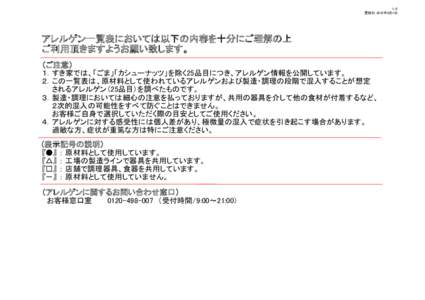 1/5 更新日：2015年4月1日 アレルゲン一覧表においては以下の内容を十分にご理解の上 ご利用頂きますようお願い致します。 （ご注意）