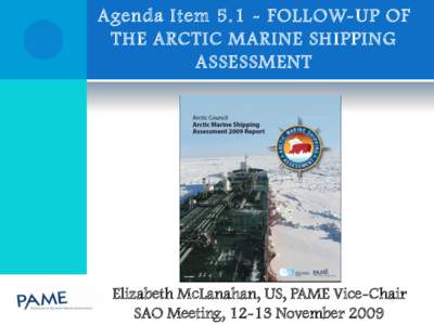 Agenda Item[removed]FOLLOW-UP OF THE ARCTIC MARINE SHIPPING ASSESSMENT Elizabeth McLanahan, US, PAME Vice-Chair SAO Meeting, 12-13 November 2009