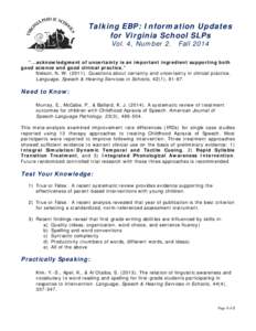 Talking EBP: Information Updates for Virginia School SLPs Vol. 4, Number 2. Fall 2014