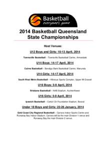 2014 Basketball Queensland State Championships Host Venues: U12 Boys and Girls: 10-13 April, 2014 Townsville Basketball – Townsville Basketball Centre, Annandale