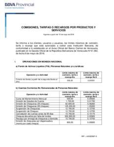 V COMISIONES, TARIFAS O RECARGOS POR PRODUCTOS Y SERVICIOS Vigentes a partir del 15 de mayo deSe informa a los clientes, usuarios y usuarias, los límites máximos de comisión,