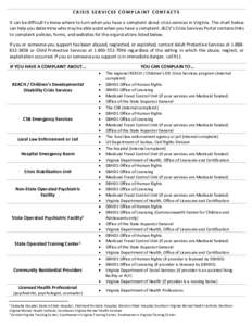 CRISIS SERVICES COMPLAINT CONTACTS It can be difficult to know where to turn when you have a complaint about crisis services in Virginia. The chart below can help you determine who may be able assist when you have a comp