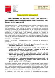 Regionale ABRUZZO VIA B. Croce[removed]PESCARA (PE) COMUNICATO SINDACALE INACCETTABILE il decreto su art. 18 e JOBS ACT