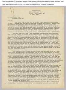 Letter from Nathaniel G. Gunnegle to Morrison Foster; retyped by Evelyn Morneweck (2 copies), August 8, 1883 Foster Hall Collection, CAM.FHC[removed], Center for American Music, University of Pittsburgh. Letter from Nath