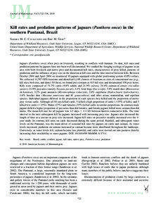 Journal of Mammalogy, 91(3):722–736, 2010  Kill rates and predation patterns of jaguars (Panthera onca) in the