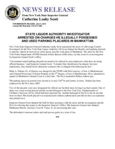 NEWS RELEASE From New York State Inspector General Catherine Leahy Scott FOR IMMEDIATE RELEASE: June 5, 2014 Contact Bill Reynolds: [removed]