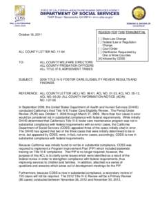 October 18, 2011  ALL COUNTY LETTER NO[removed]REASON FOR THIS TRANSMITTAL [ ] State Law Change