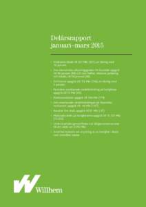 Delårsrapport januari–mars 2015 •	 Intäkterna ökade till 337 Mkr (307), en ökning med 10 procent. •	 Den ekonomiska uthyrningsgraden för bostäder uppgick 	 	 till 99 procent (99) och som helhet, inklusive par