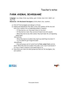 Teacher’s notes FARM ANIMAL BOARDGAME Language: cow, sheep, horse, pig, donkey, goat, chicken, duck, bird, rabbit, cat, dog, frog  Resources: Old MacDonald Boardgame activity sheet, dice, counters
