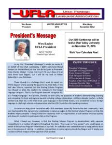 Wes Baden President WINTER NEWSLETTER 2010