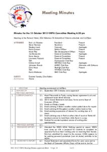 Meeting Minutes  Minutes for the 15 October 2013 VHPA Committee Meeting 6:30 pm Meeting at the Retreat Hotel, 226 Nicholson St Abbotsford Victoria schedule start 6:30pm ATTENDEES