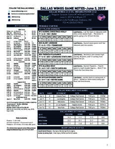 FOLLOW THE DALLAS WINGS www.dallaswings.com DALLAS WINGS GAME NOTES-June 3, 2017 DALLAS WINGSVS. INDIANA FEVERRegular Season Game #7 • Road Game #5