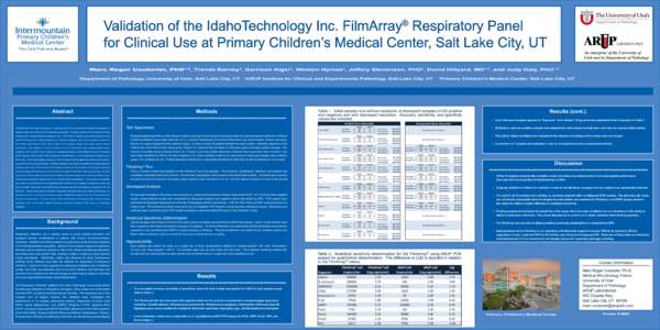 Validation of the IdahoTechnology Inc. FilmArray Respiratory Panel for Clinical Use at Primary Children’s Medical Center, Salt Lake City, UT ® An enterprise of the University of Utah and its Department of Pathology