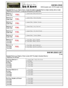 BAR M LODGE: $150 double room / $175 single room Upgraded Rooms up 1 Flight of Stairs *Linens Provided in Upgraded Rooms (sheets, blanket, pillow, towel) 3 Bathrooms on 2nd Floor / Living and Dining Rooms on Main Floor  