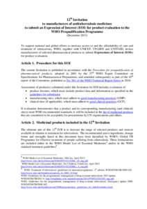 12th Invitation to manufacturers of antituberculosis medicines to submit an Expression of Interest (EOI) for product evaluation to the WHO Prequalification Programme (December 2013)