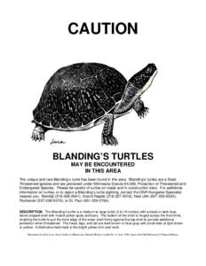 CAUTION  BLANDING’S TURTLES MAY BE ENCOUNTERED IN THIS AREA The unique and rare Blanding’s turtle has been found in this area. Blanding’s turtles are a State