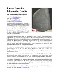 Rosetta Stone for Information Quality MIT Information Quality Program James Funk,  Yang Lee,  Xitong Li, 