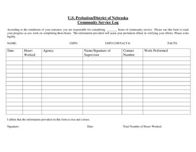 U.S. Probation/District of Nebraska Community Service Log According to the conditions of your sentence, you are responsible for completing _______ hours of community service. Please use this form to track your progress a